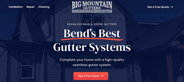 Screenshot of a website for Big Mountain Gutters, advertising "Bend's Best Gutter Systems" with options for installation, repair, and cleaning. There are two red buttons labeled "Get A Free Quote.