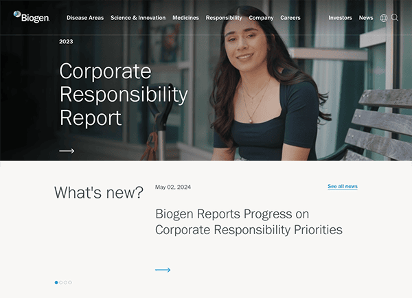 Smiling woman in business attire sitting in an office environment, with "corporate responsibility report" text visible on a website page.