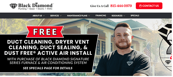 Image of a promotional banner from Black Diamond Plumbing, Sewer, Electric, and HVAC. The banner highlights a free offer for duct cleaning, dryer vent cleaning, duct sealing, and dust-free air installation.