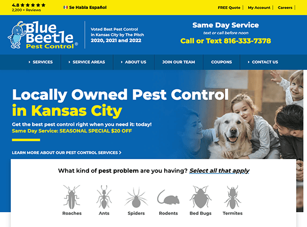 Screenshot of the Blue Beetle Pest Control website featuring locally owned pest control services in Kansas City, with a focus on seasonal specials, contact information, and a variety of pests treated.