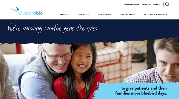 An older man with glasses hugging a young asian girl, smiling, with a background of website navigation and text about gene therapies.