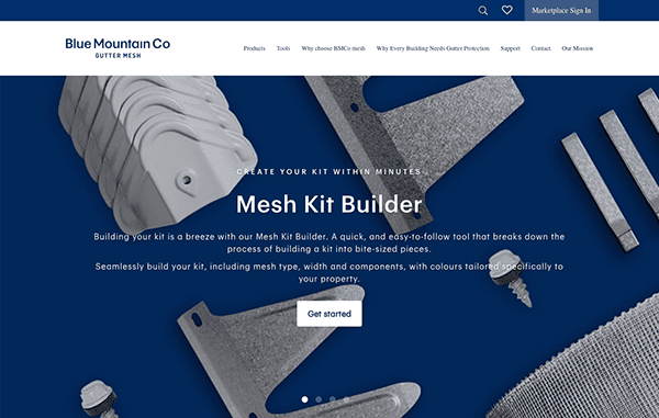 Screenshot of the Blue Mountain Co Gutter Mesh website, showcasing their Mesh Kit Builder for customizing gutter mesh kits, with a "Get started" button and different mesh components displayed.
