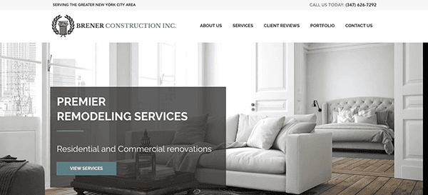 Website homepage of Brener Construction Inc. displaying text "Premier Remodeling Services" and a "View Services" button over an image of a modern, well-furnished living room.