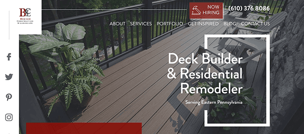 Website banner featuring a wooden deck with plants and railing. Text reads: "Deck Builder & Residential Remodeler Serving Eastern Pennsylvania." Contact number is (610) 378-8086. "Now Hiring" badge displayed.