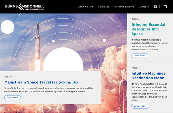 Screenshot of the burns & mcdonnell website featuring an article about space travel, with an image of a rocket launch in the background.