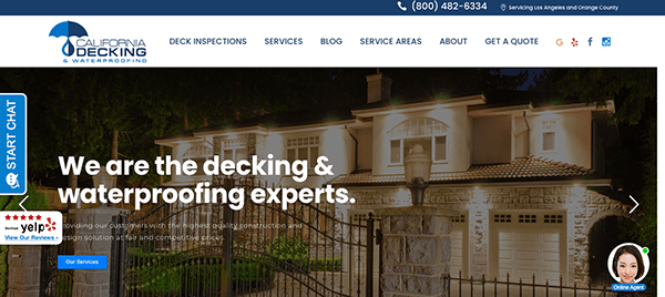 Screenshot of California Decking's website homepage, showing house with deck lighting at night, the company logo, a Yelp badge, contact information, and menu options including services offered and a chat feature.