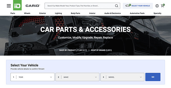 Website homepage of carid featuring a banner on car parts and accessories with a search panel to select vehicle specifics.