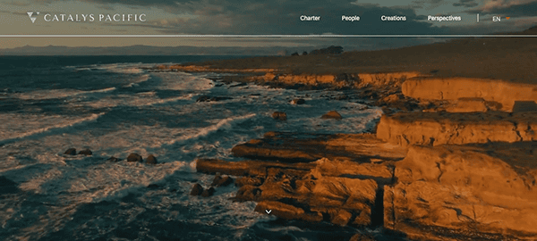 Aerial view of a rugged coastline with waves crashing against rocky shores at sunset, with the website header "catalys pacific" displayed above.