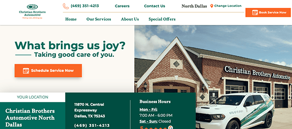 A website for Christian Brothers Automotive North Dallas featuring contact information, service hours, a service button, and an image of the building with a branded company vehicle.