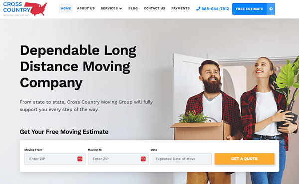 Screenshot of a moving company’s webpage. It displays a couple holding a potted plant and box, text about cross-country moving services, and a form to get a free moving estimate with fields for zip codes and move date.