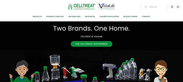 Website homepage for celltreat and vistalab featuring a banner with the text "two brands. one home" and images of laboratory equipment and two cartoon characters.