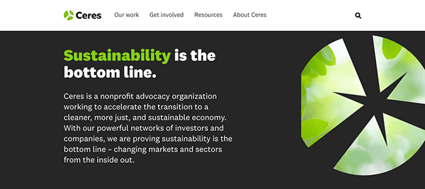 Website banner for ceres, featuring a slogan "sustainability is the bottom line" with a stylized green globe icon on a dark background.