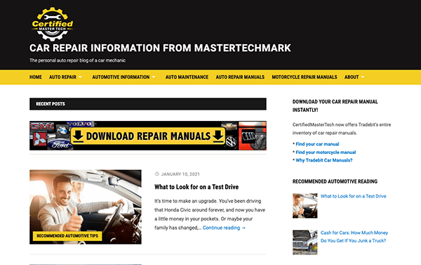 Screenshot of a car repair blog webpage titled "Car Repair Information from MasterTechMark," featuring navigation menus, recent posts, a prominent "Download Repair Manuals" banner, and a post about test drives.