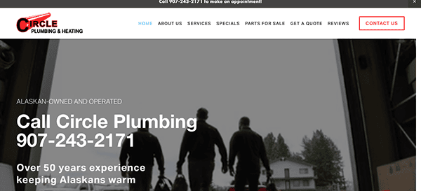 A webpage for Circle Plumbing & Heating, displaying their contact number and services. It highlights their over 50 years of experience and emphasizes they are Alaskan-owned and operated.