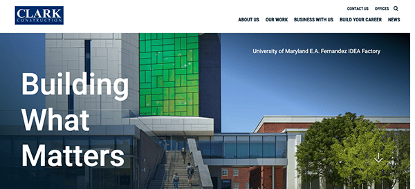 Website banner featuring the modern facade of the university of maryland e.a. fernandez idea factory, with the text "building what matters" by clark construction.