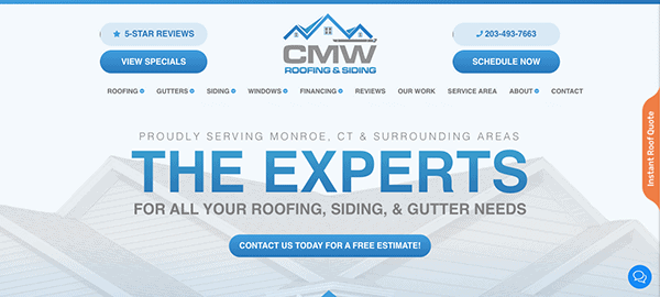Website homepage of CMW Roofing & Siding with navigation buttons, a phone number, and options to view specials or schedule now. The text highlights their services in Monroe, CT, and surrounding areas.