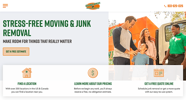 A family with a child interacts with a service representative in front of a moving and junk removal truck. The image advertises stress-free moving and junk removal services with options to find a location, learn pricing, or get a quote.