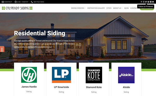 Screenshot of a website for Colorado Siding. The homepage highlights residential siding services with logos of brands: James Hardie, LP Smartside, Diamond Kote, and Alside at the bottom.