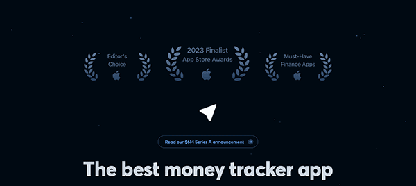 A promotional image for a money tracker app with text that reads "the best money tracker app," featuring accolades including "2023 finalist app store awards." background is dark with a white cursor arrow.