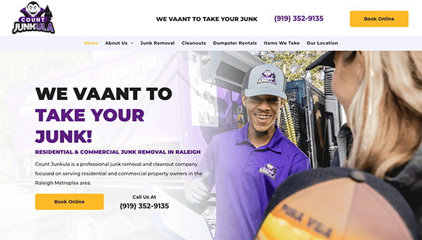 Website homepage of a junk removal company called Count Junkula with slogan "We Vaant to Take Your Junk" and contact information. Image features an employee in a purple uniform and logo.