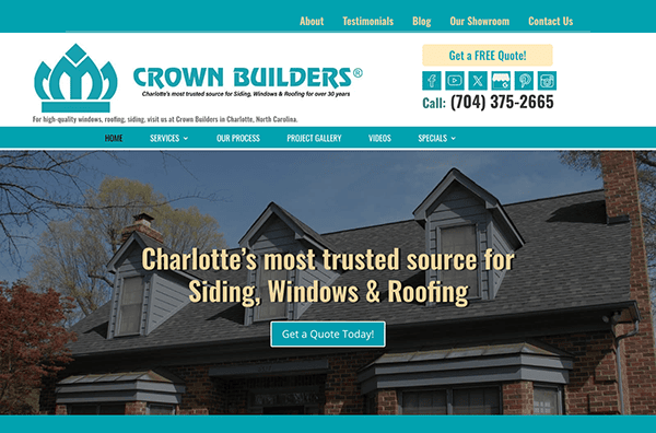 Website homepage of Crown Builders promoting siding, windows, and roofing services. The header includes contact information and a 'Get a Free Quote' button. A house is visible in the background.