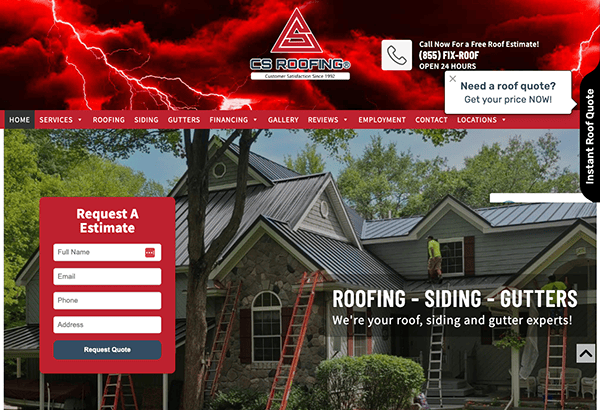 Website homepage of a roofing company offering roofing, siding, and gutter services. включает заголовок, контактную информацию, форму для запроса сметы и фото команды на крыше дома.