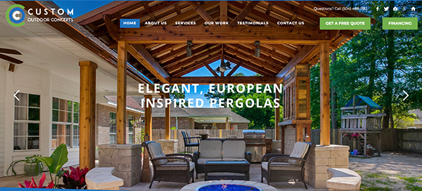 Website homepage for Custom Outdoor Concepts featuring a covered outdoor pergola with seating arrangements and a backyard view. Text reads "Elegant, European Inspired Pergolas.