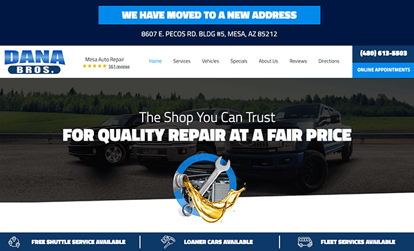 Homepage of dana bros. automotive repair website featuring a promotional banner about quality and fair pricing, with contact details and navigation menu.