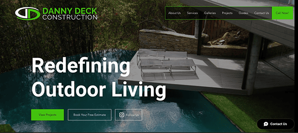Website homepage for Danny Deck Construction showcasing a luxurious outdoor deck over a pool with the text "Redefining Outdoor Living." There are menu options and action buttons for more information.