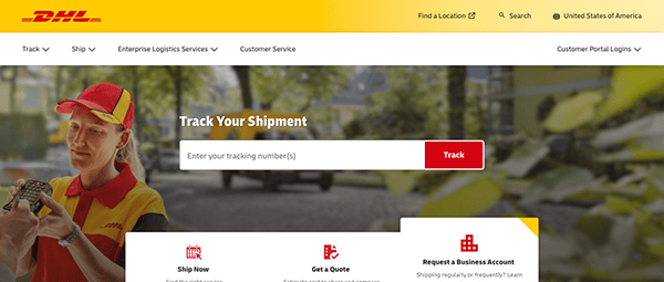DHL website homepage with a delivery worker scanning a package, featuring a "Track Your Shipment" search bar and navigation menu.