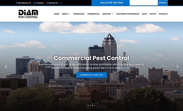 Screenshot of the Diamond Pest Control website homepage. It shows a skyline of Des Moines, IA with text promoting commercial pest control services. There is a call to action button labeled "Commercial Services.