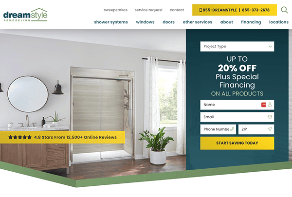 Screenshot of Dreamstyle Remodeling's website homepage. The page features a navigation bar, a form for project type and contact information, and an offer for up to 20% off with special financing.