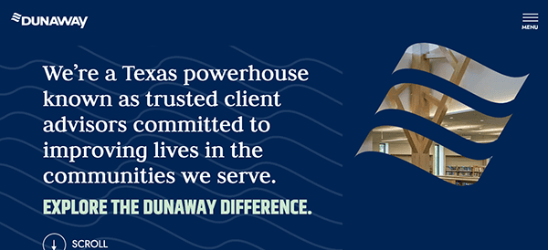 Website banner for dunaway, featuring text about their role as trusted client advisors with a wavy graphic design overlay on an office background.