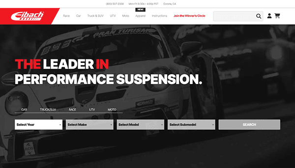 Website homepage of eibach featuring a racing car with the slogan "the leader in performance suspension" and a menu for vehicle type selection.
