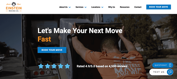 A moving company website showing a person loading a moving truck. Text reads "Let's Make Your Next Move Fast" with a 4.9-star rating from 4,500 reviews. Buttons for booking and questions are visible.