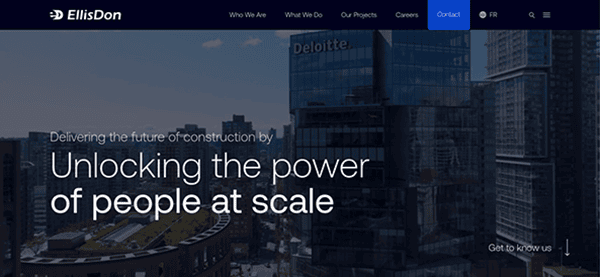 Website homepage of ellisdon featuring a banner image of modern skyscrapers with overlaid text about construction and the power of people.