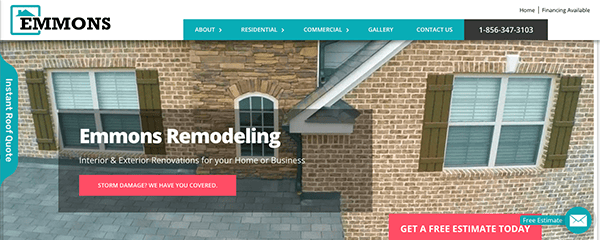 Image of the Emmons Remodeling website homepage displaying a brick house. Text includes "Interior & Exterior Renovations for your Home or Business," with a banner for getting a free estimate.