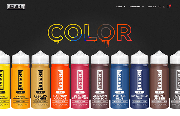 Row of colorful tattoo ink bottles aligned under the word "color" dripping ink in respective colors on a website banner.