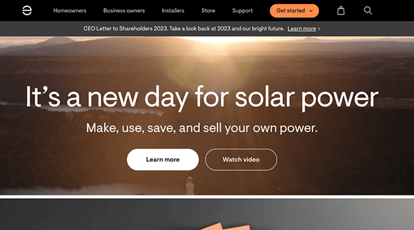 A website screenshot promoting solar power with the text: "It's a new day for solar power. Make, use, save, and sell your own power." Buttons for "Learn more" and "Watch video" are visible below the text.