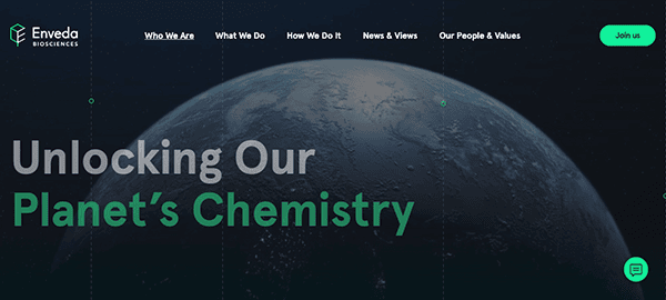 Website homepage of enveda biosciences featuring a headline "unlocking our planet’s chemistry" over an image of earth from space, with a navigation menu and a "join us" button.