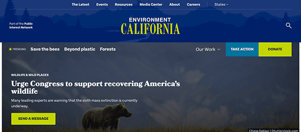 Website header showing a scenic view of mountains with overlay text about conservation efforts, featuring a menu with options like 'take action' and 'donate'.