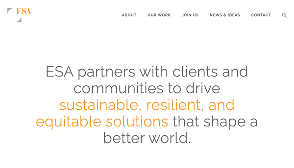 Website homepage for esa featuring a text statement about their mission to partner with clients and communities for sustainable solutions.