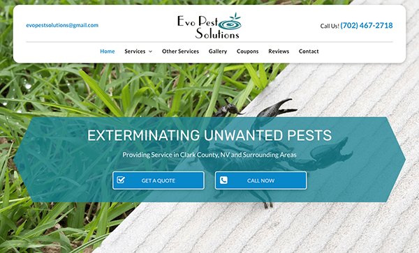Website homepage of Evo Pest Solutions, showcasing pest extermination services with contact information, service overview, and options to get a quote or call now. Background features grass and a wood plank.
