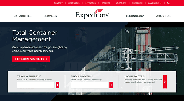 Website homepage for a logistics company featuring a navigation menu, a large image of a crane loading cargo at a dock, and various service options including shipment tracking.