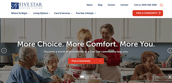 Several older adults are gathered at a table preparing food. The website displays menu options at the top with a visible logo for "Five Star." Text on the image reads, "More Choice. More Comfort. More You.