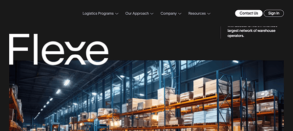 Website homepage banner for Flexe featuring a brightly lit warehouse interior with stacked shelves and boxes.