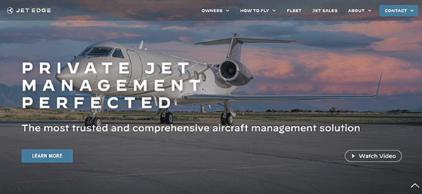 Private jet on a runway at sunset with text overlay advertising aircraft management services.