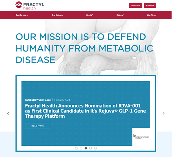 Homepage of fractyl health featuring a banner about their mission to defend humanity from metabolic disease and announcing rjva-001 as their first clinical candidate.