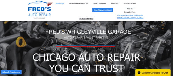 Screenshot of a website for Fred's Wrigleyville Garage, a Chicago-based auto repair shop, showing services, appointment options, contact details, and a background image of car engine parts.