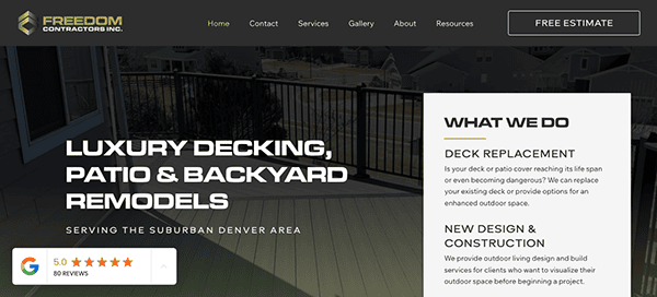 Website homepage of Freedom Contractors Inc. featuring services like luxury decking, patio, and backyard remodels. Menu options include Home, Contact, Services, Gallery, About, Resources, and a free estimate button.